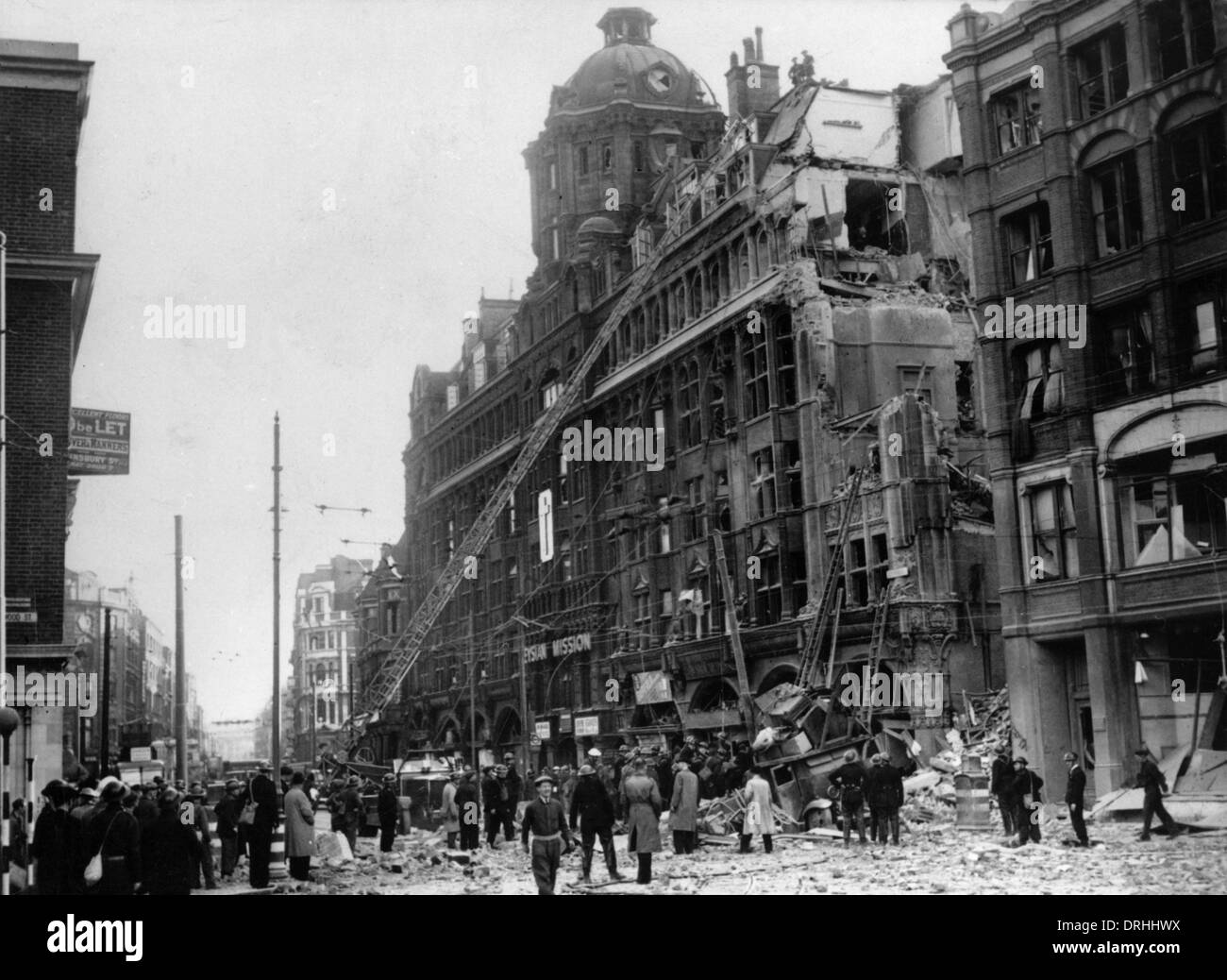 Bomb damage at the Leysian Mission building during WW2 Stock Photo
