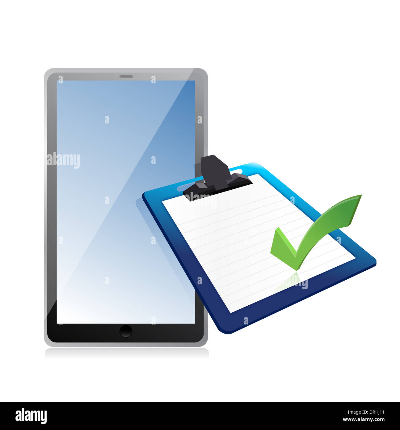 tablet and clipboard with checkmark illustration design over white