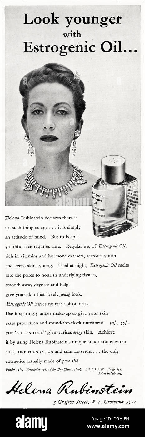 1950s magazine advertisement advertising HELENA RUBINSTEIN estrogenic oil & cosmetics, advert circa 1952. Stock Photo