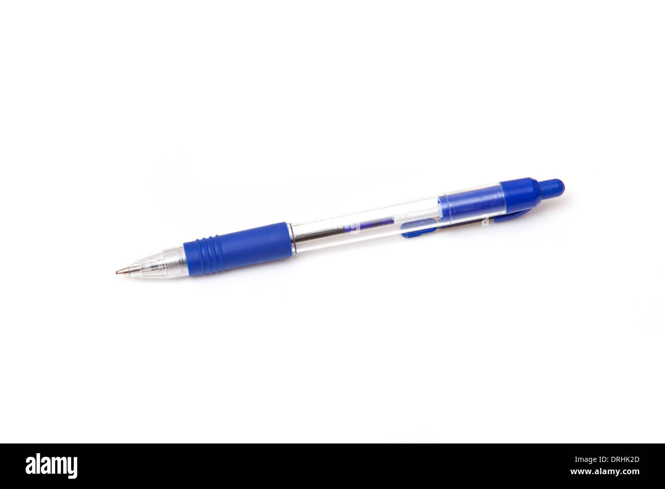 Blue ball point pen with retractable nib isolated on a white studio background. Stock Photo
