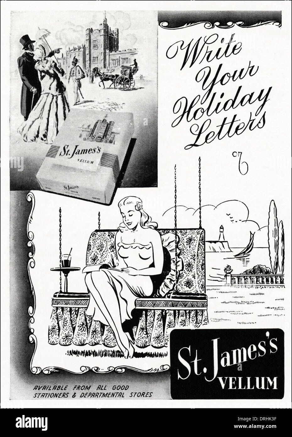 1950s print advertisement advertising ST JAMES'S VELLUM writing paper, advert circa 1952. Stock Photo