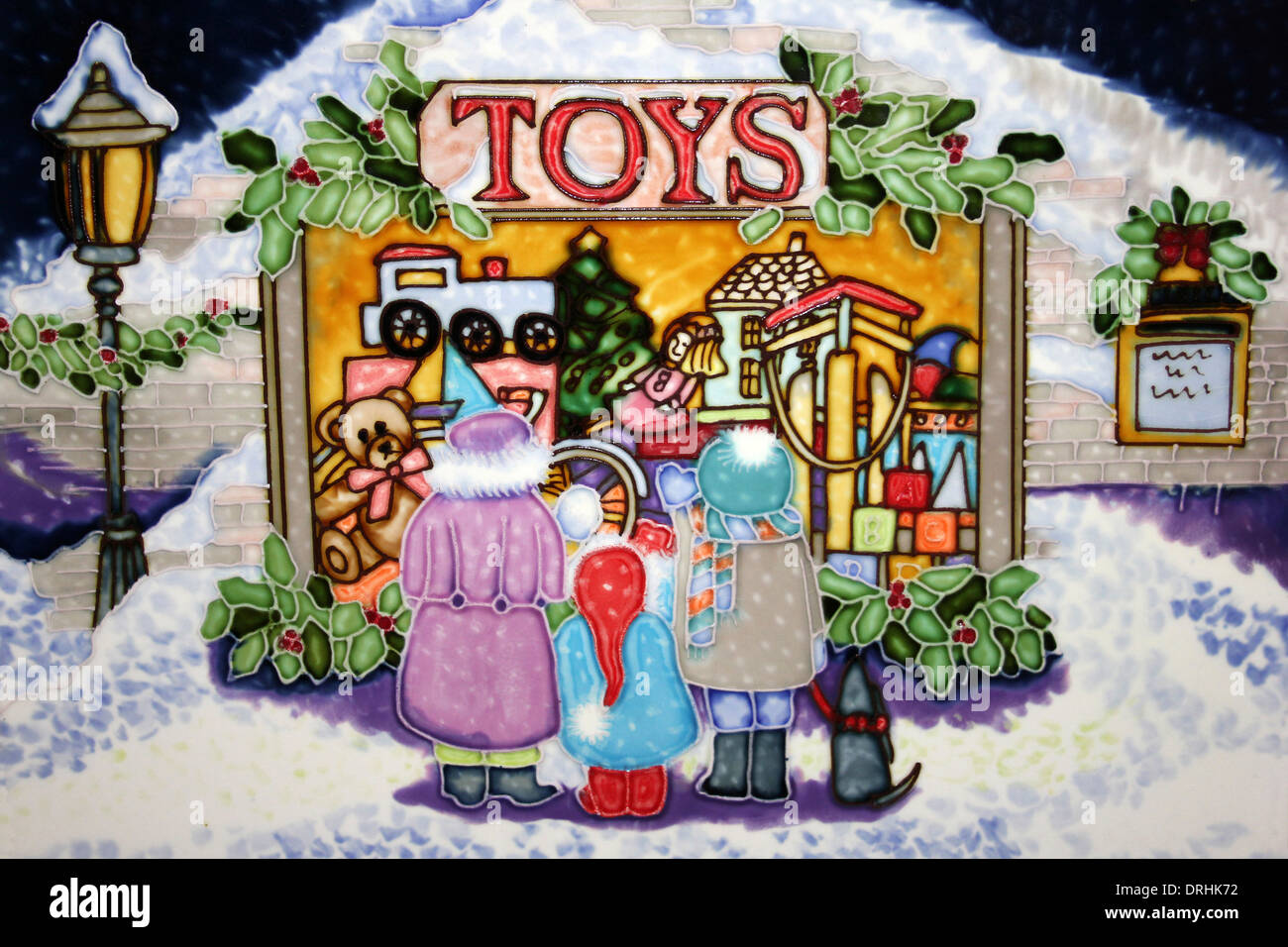 Christmas Toy Shop Window Glazed Tile Artwork Stock Photo