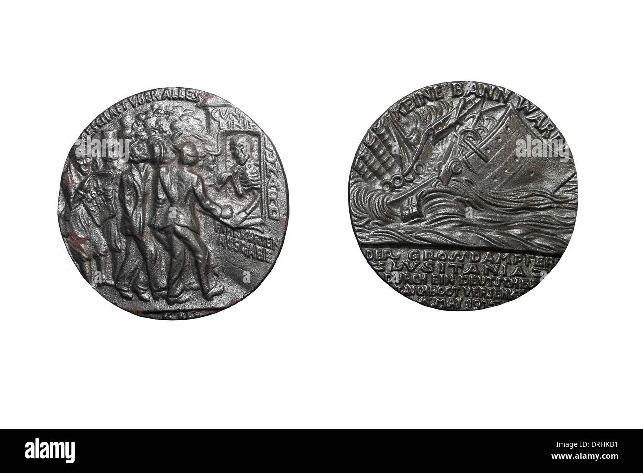 Medal commemorating the sinking of the British passenger ship, RMS Lusitania, by a German U-boat on May 7 1915 Stock Photo