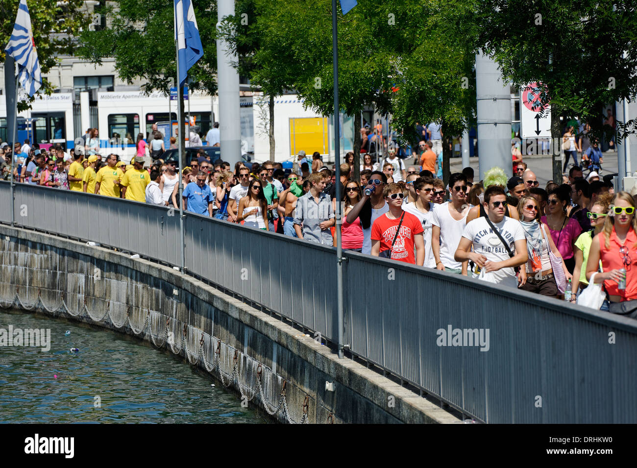 Revelers at the Zurich Street Parade, a techno dance and trance festival. Stock Photo