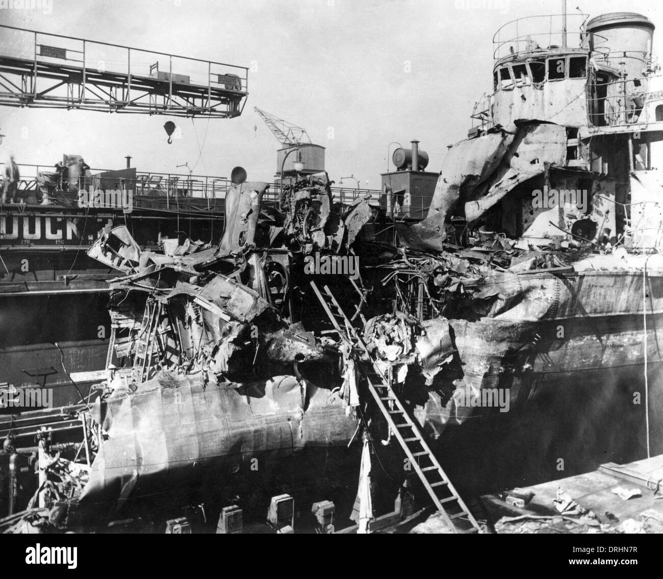Torpedoed British ship in dock, WW1 Stock Photo