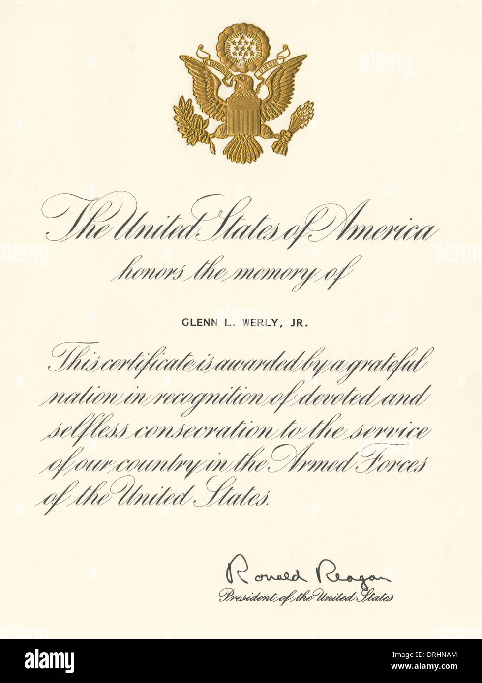 A Presidential Memorial Certificate - USA Stock Photo