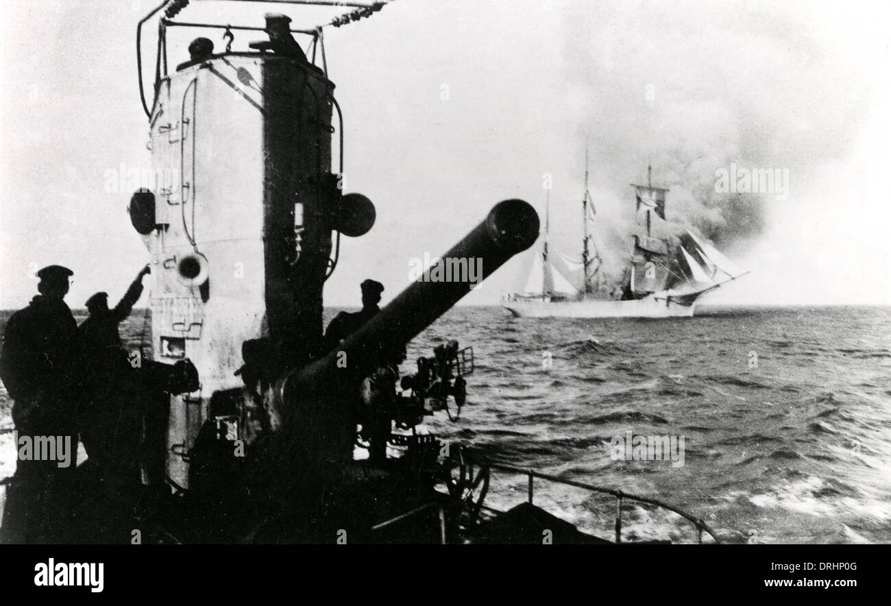 German U-boat 49 hitting Giovanni Albanesi, WW1 Stock Photo