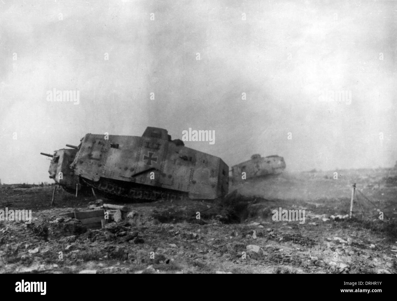German tanks attacking Allied trench positions, WW1 Stock Photo