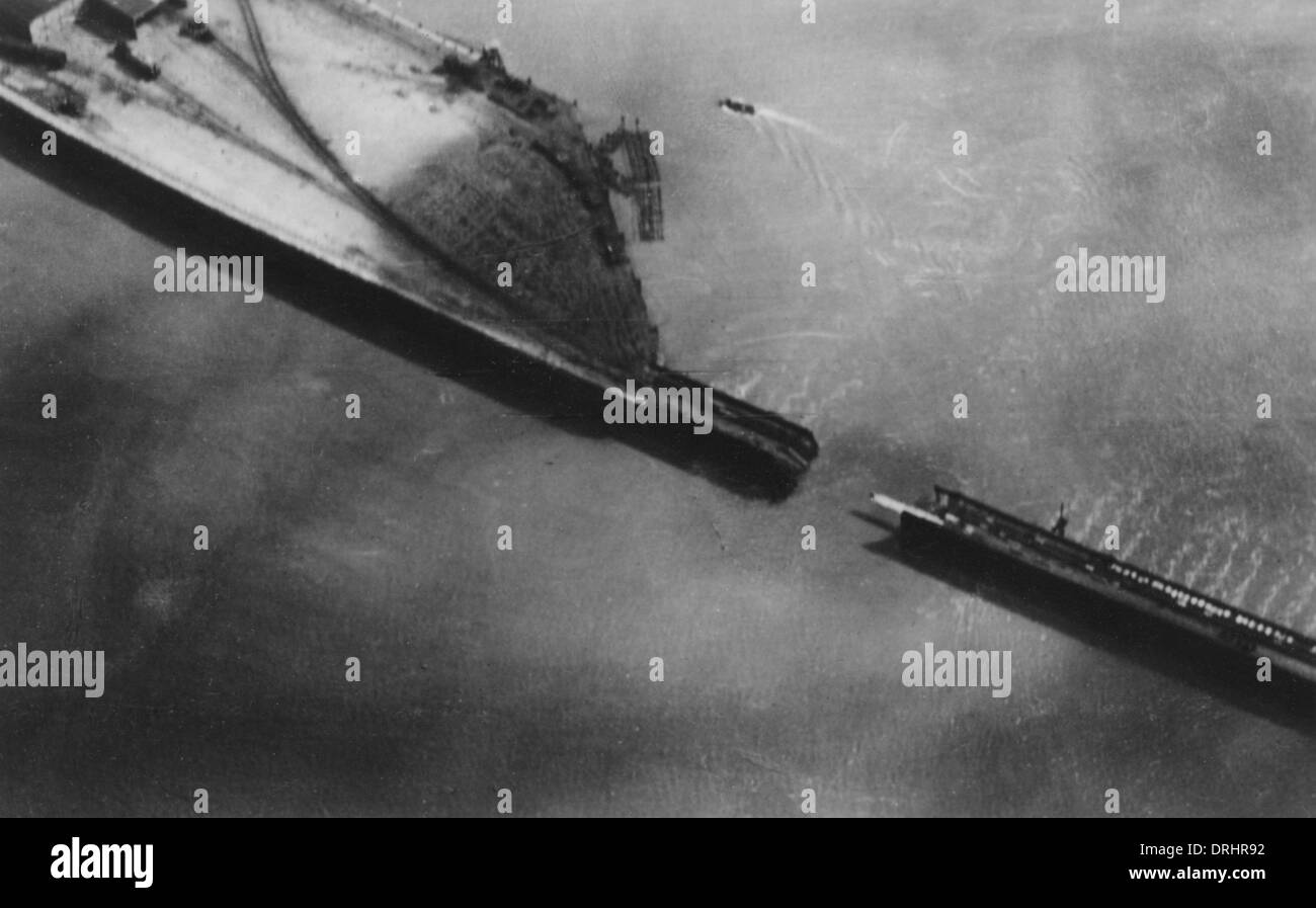 Aerial view of damaged Zeebrugge Mole, Belgium, WW1 Stock Photo