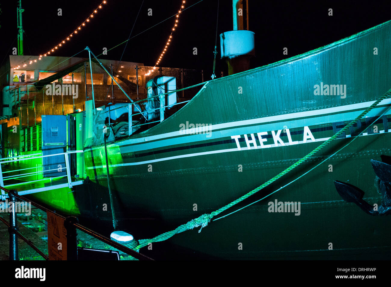 The Thekla nightclub and music venue floodlit at night, The Grove in Bristol Harbour, England. Stock Photo