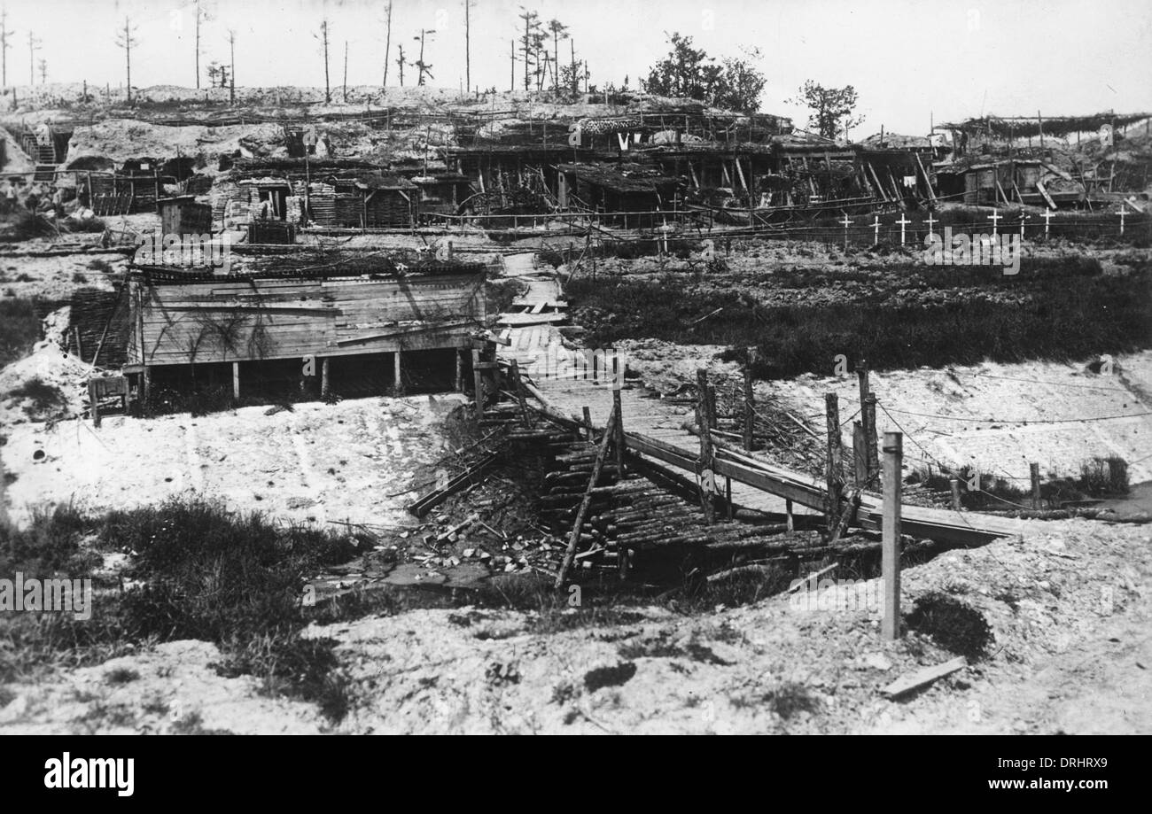 Dugouts, bridge and burial area, WW1 Stock Photo