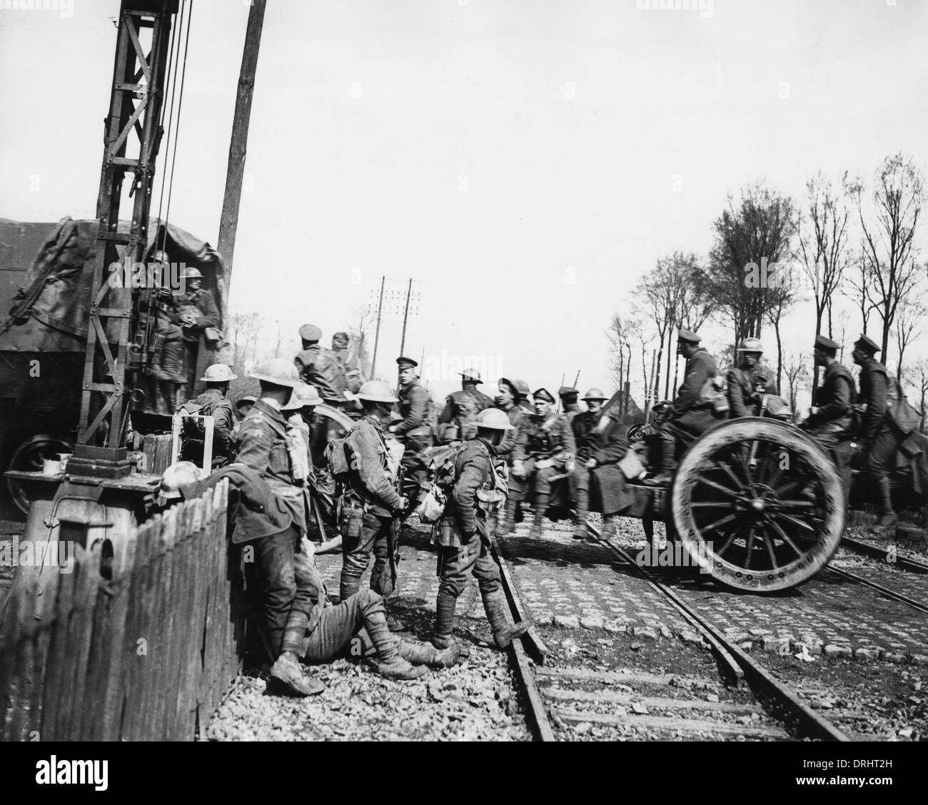 Howitzer towed by lorry near Merris, France, WW1 Stock Photo