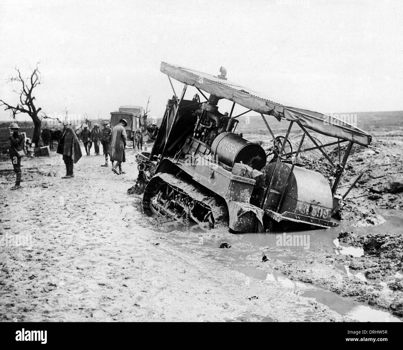 Vehicle stuck in mud after heavy rain, Western Front, WW1 Stock Photo