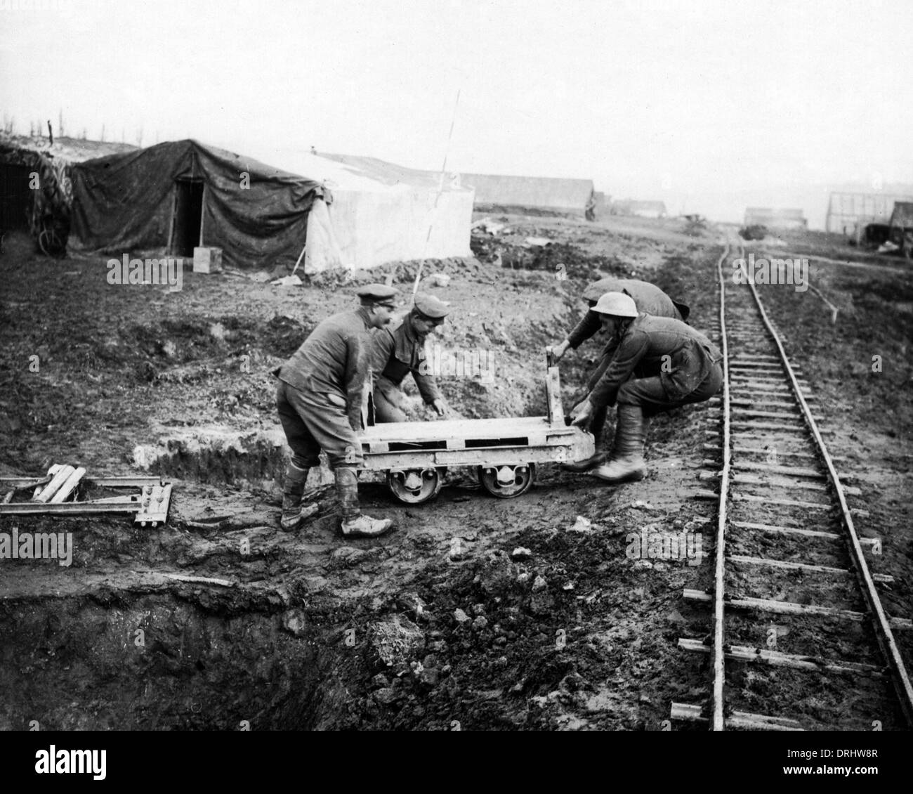 British soldiers and light railway, Western Front, WW1 Stock Photo