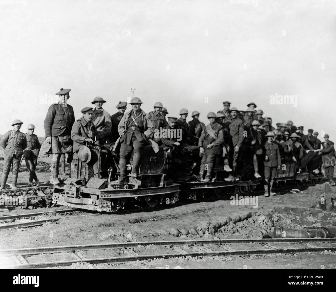 British soldiers on a light railway, Western Front, WW1 Stock Photo