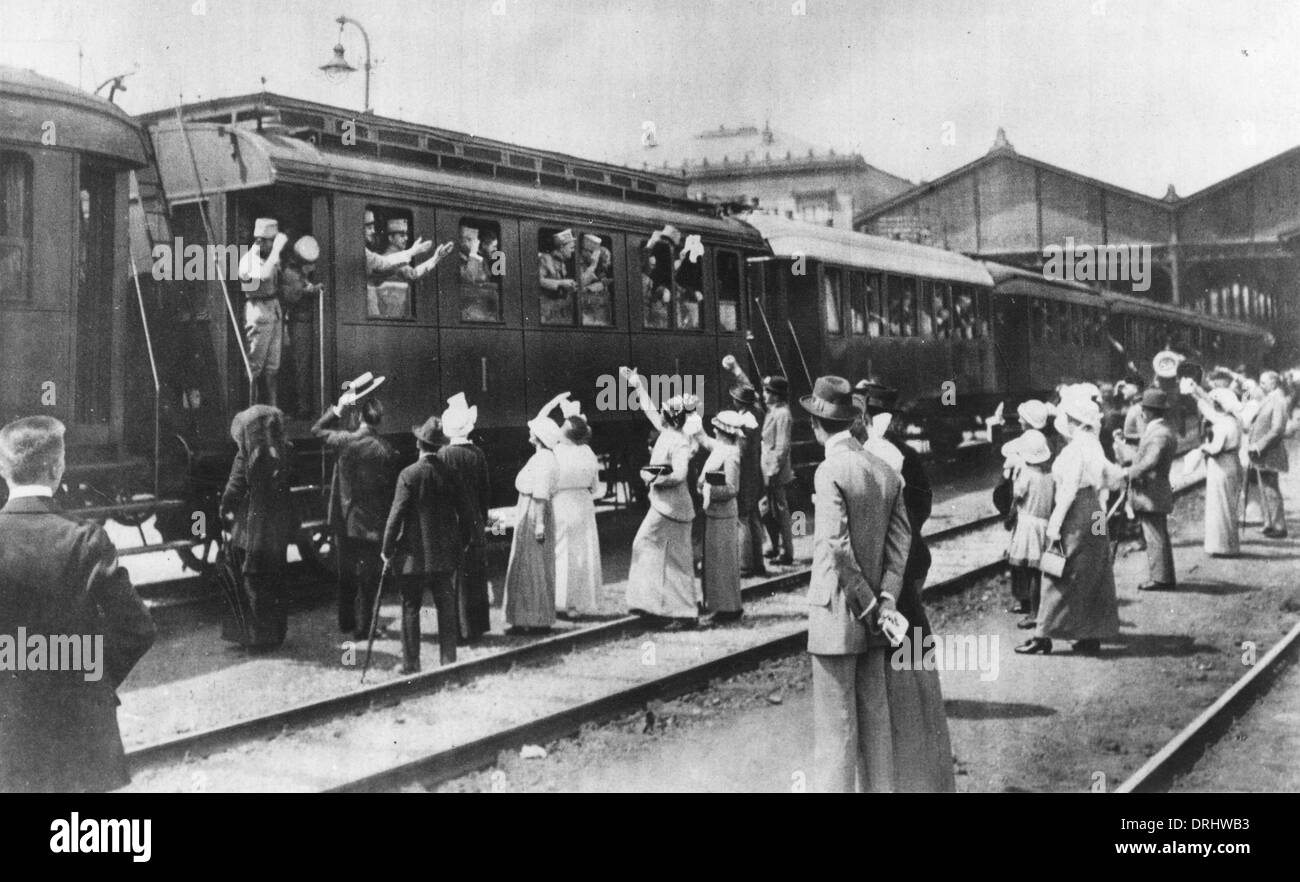 Austrian troops leaving by train for the front, WW1 Stock Photo