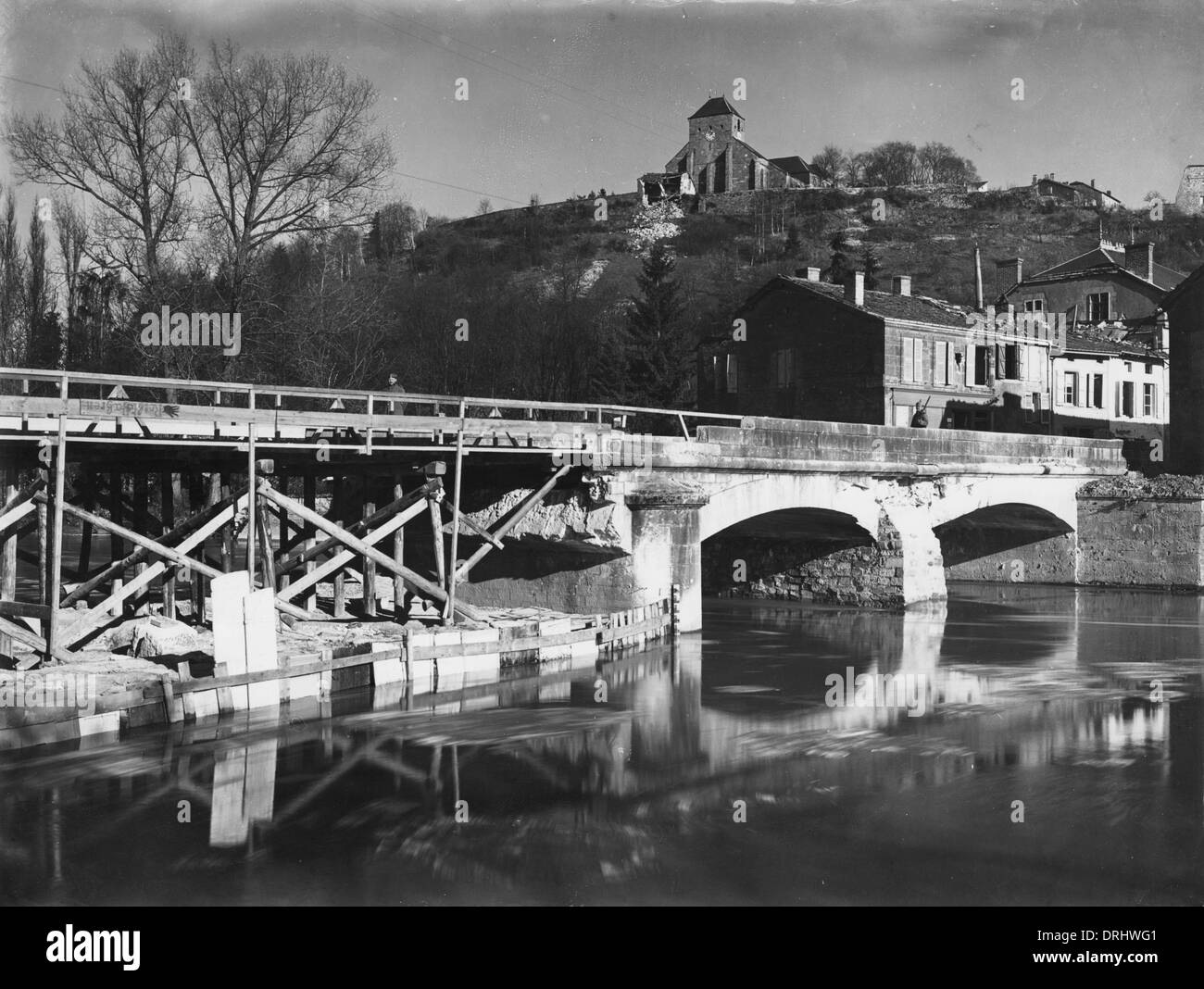 Damaged bridge at Dun sur Meuse, France, WW1 Stock Photo