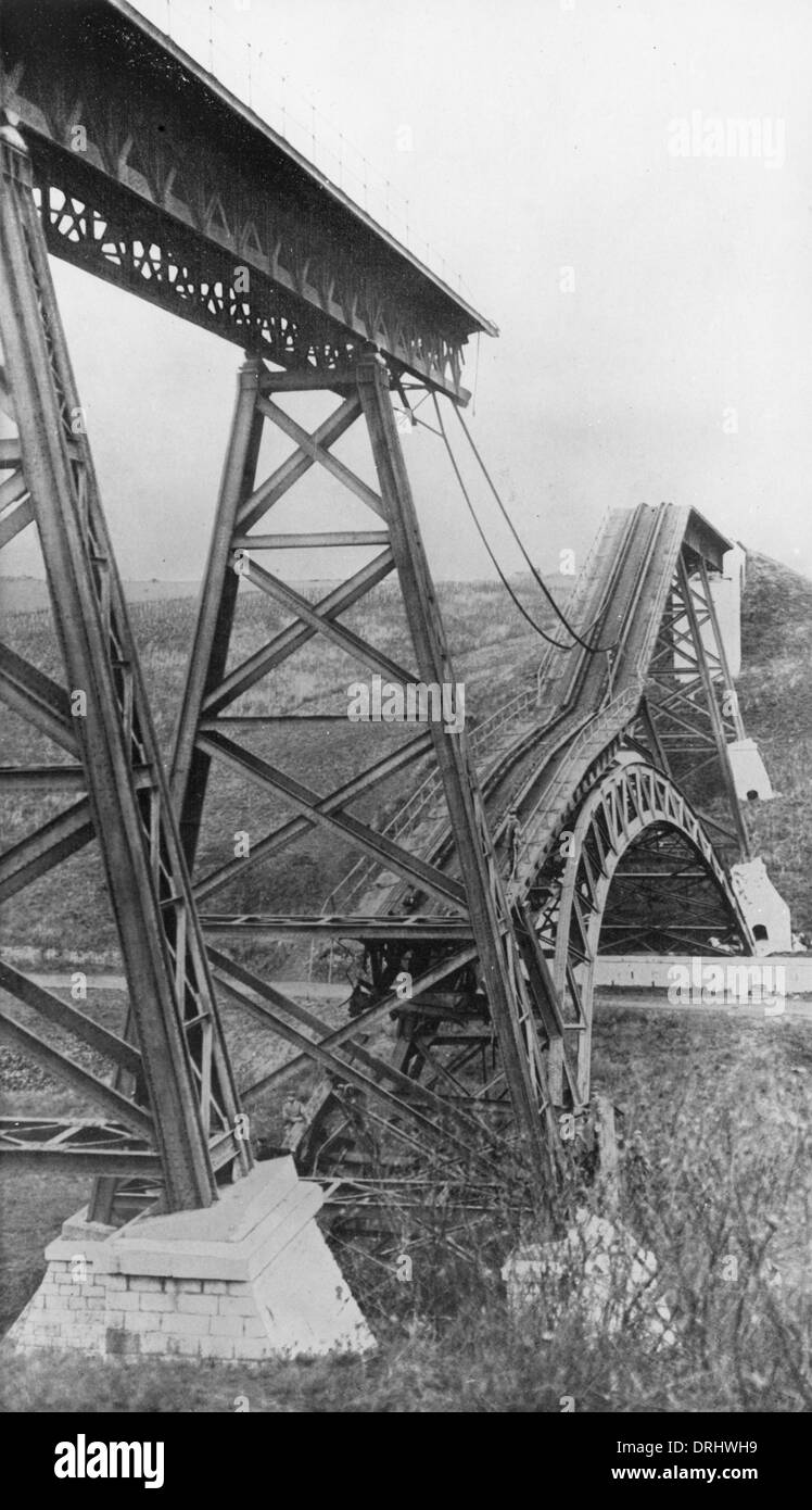 Damaged bridge in north eastern France, WW1 Stock Photo