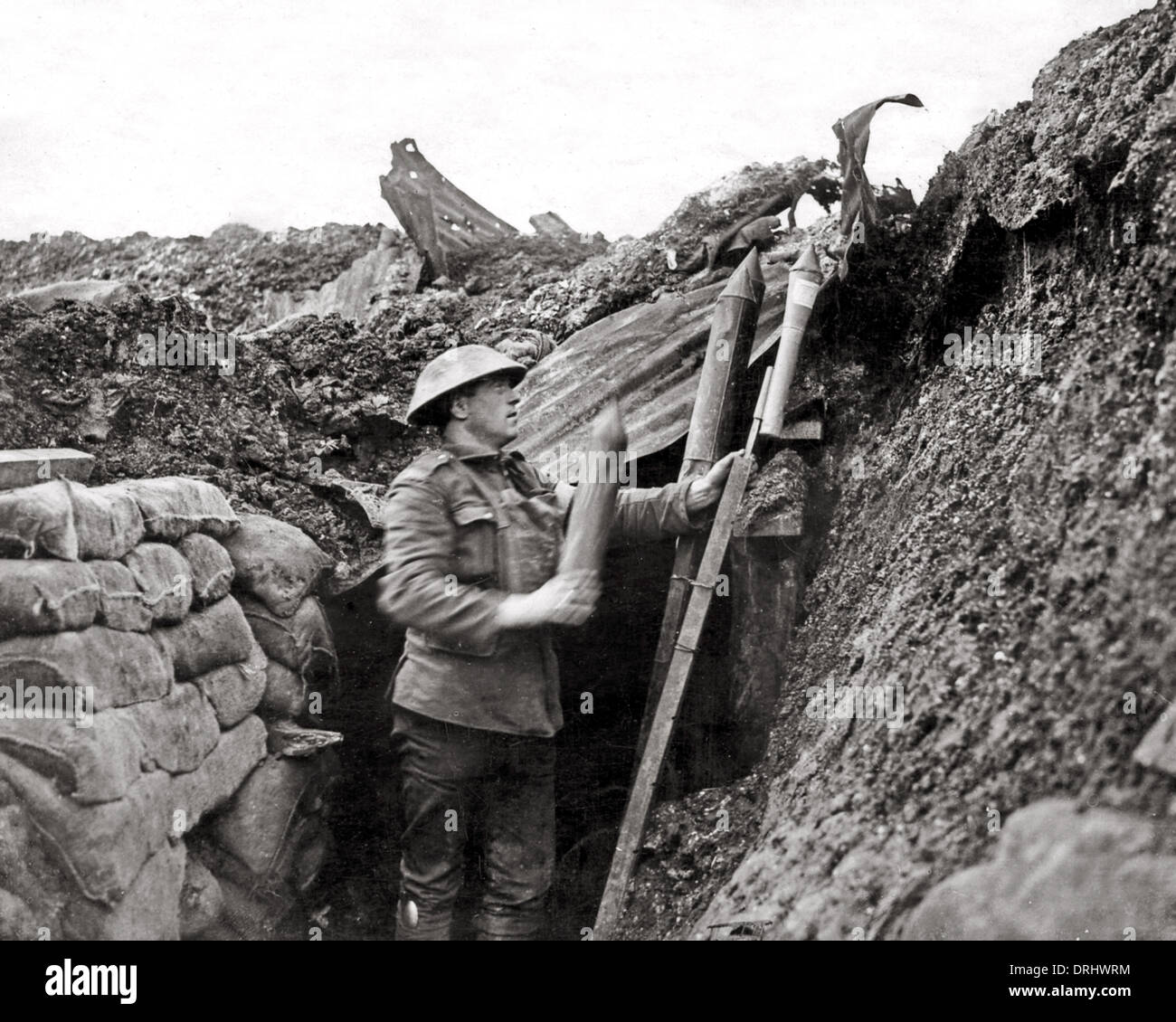 British soldier in trench with signal rockets, WW1 Stock Photo