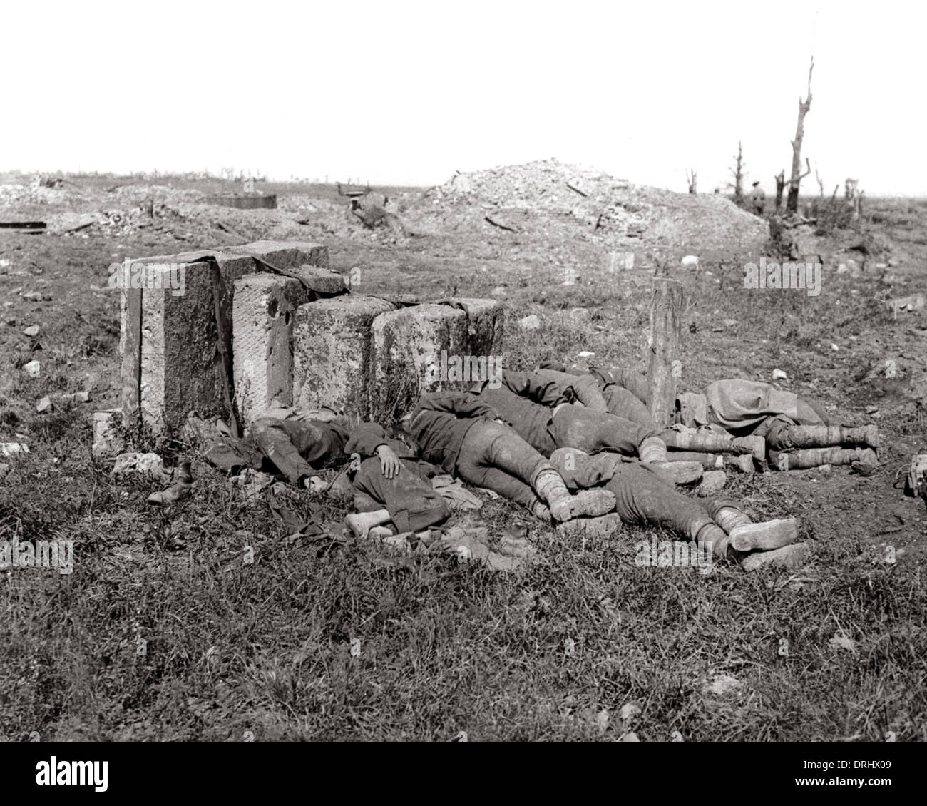 British soldiers sleeping after a long march, WW1 Stock Photo