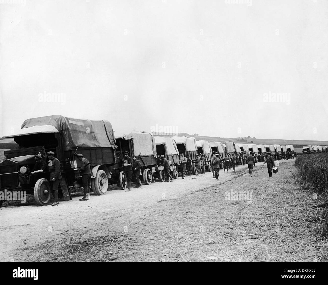 British transport halted on a road, Western Front, WW1 Stock Photo