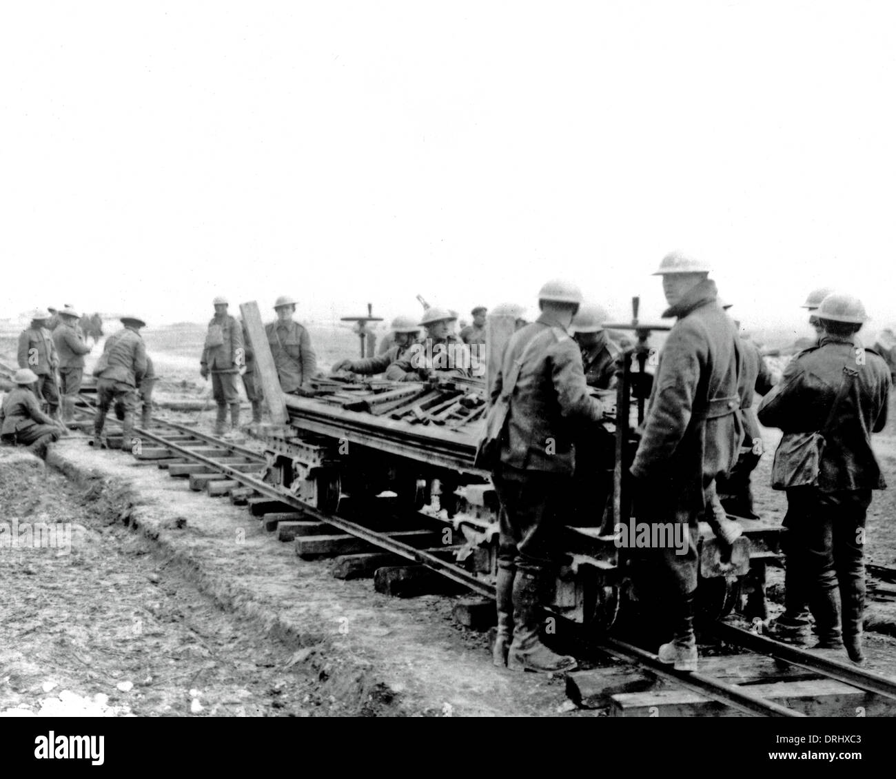 British soldiers constructing light railway, WW1 Stock Photo