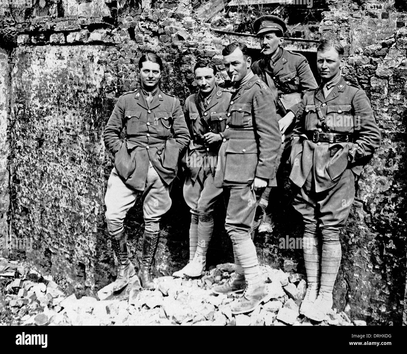 British officers in wrecked house, Western Front, WW1 Stock Photo