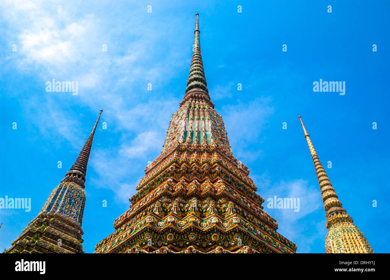 Ornate colourful, ceramic exterior of Wat Pho Temple of Reclining Buddha. Bangkok. Stock Photo
