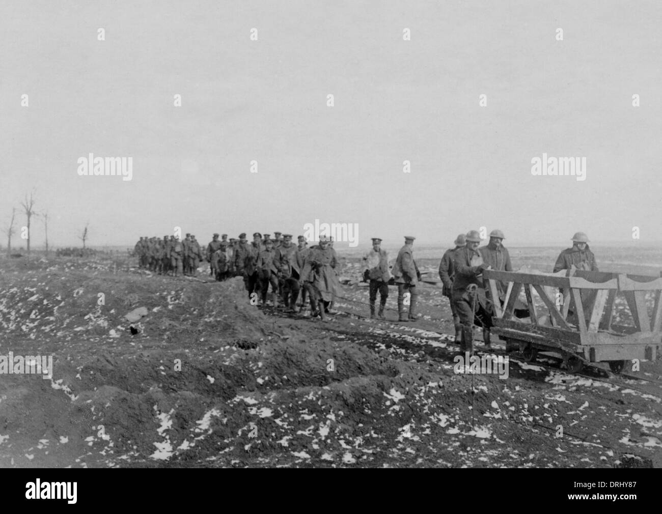 British troops on light railway, Western Front, WW1 Stock Photo