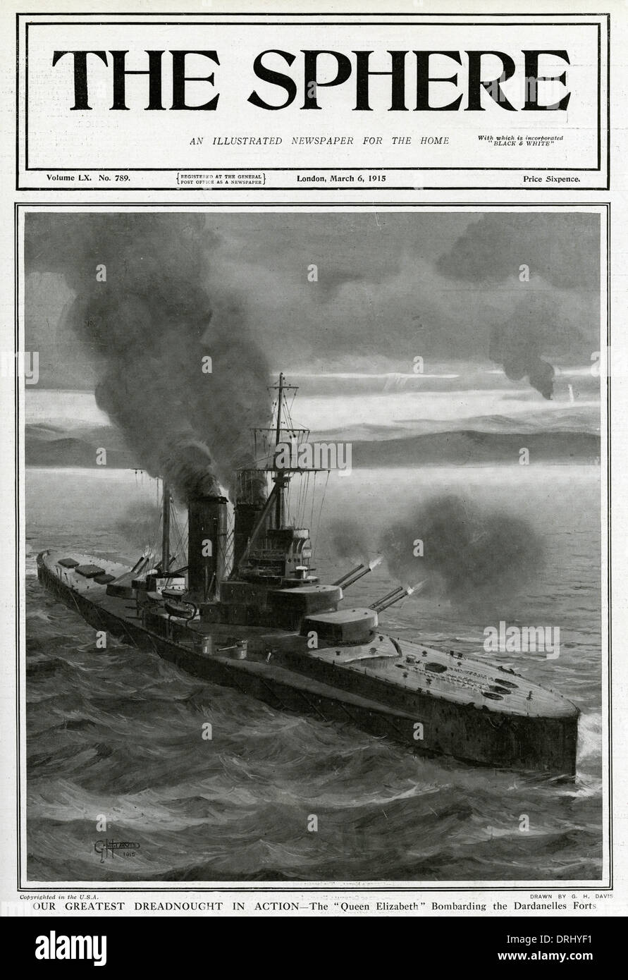 Dreadnought Queen Elizabeth in action by G. H. Davis Stock Photo