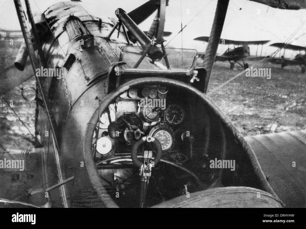 Cockpit of British SE5A biplane on airfield, WW1 Stock Photo