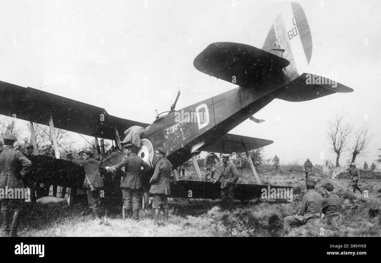 British DH9 biplane in forced landing, France, WW1 Stock Photo