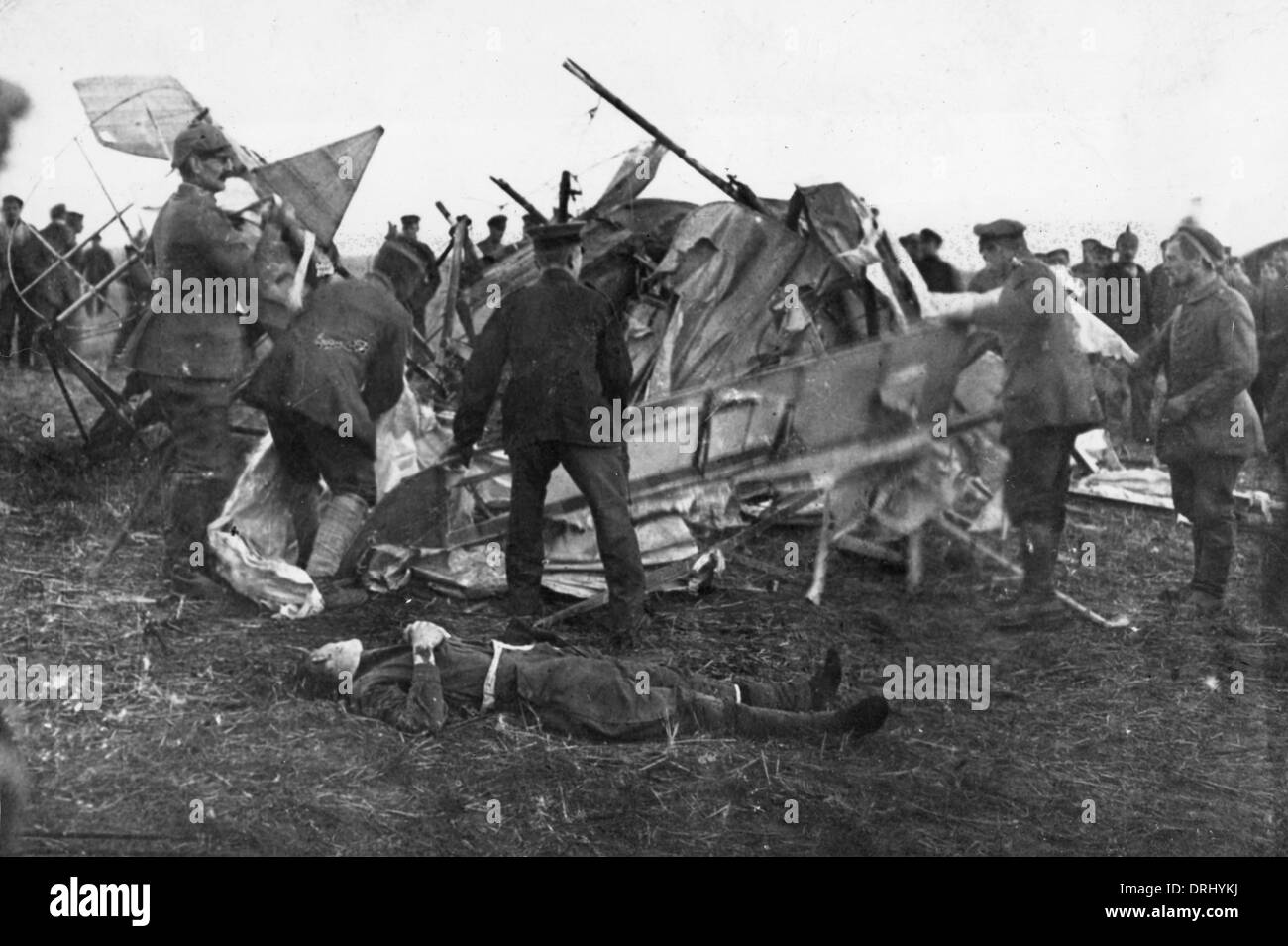 British plane crash with dead pilot, WW1 Stock Photo