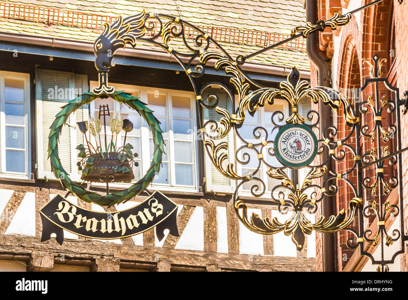 sign  brauhaus , restaurant at the alpirsbacher brewery museum, apirsbach, black forest, germany Stock Photo