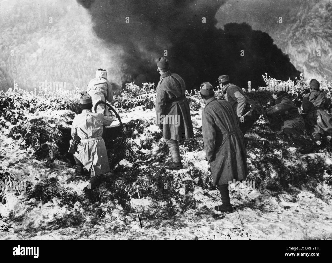 Austrian troops using flamethrower, WW1 Stock Photo