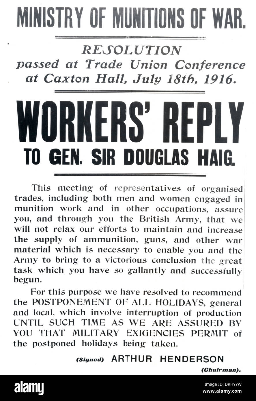 Workers' Reply to General Sir Douglas Haig, WW1 Stock Photo