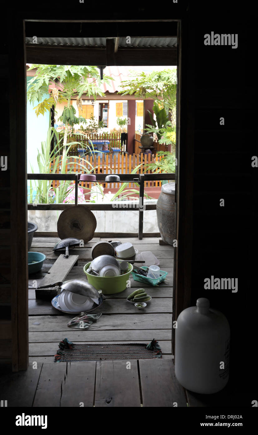 Kitchen area of a traditional rural Thailand home in Kamphaeng phet. Stock Photo