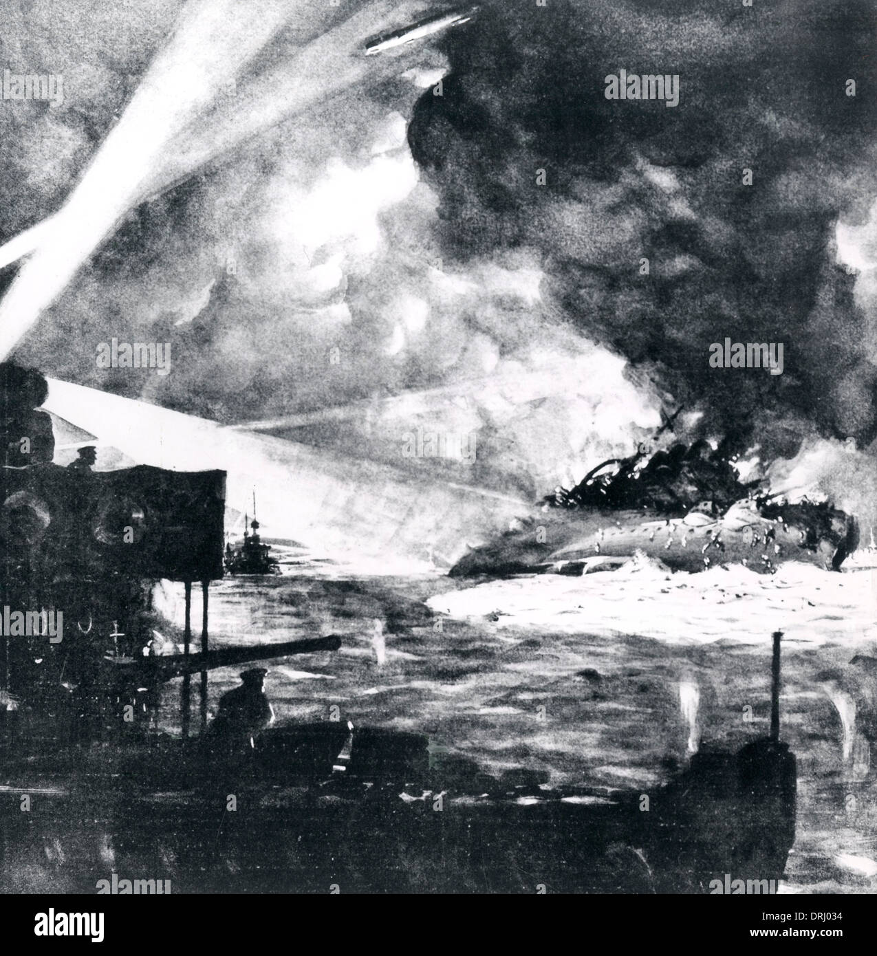German battleship sinking at night, WW1 Stock Photo