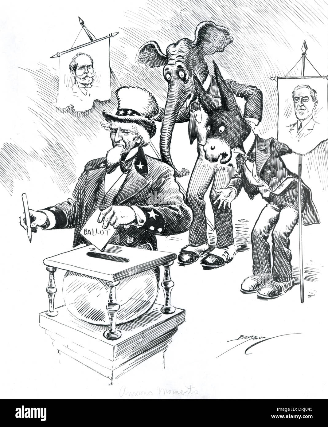 American election cartoon with Uncle Sam voting Stock Photo
