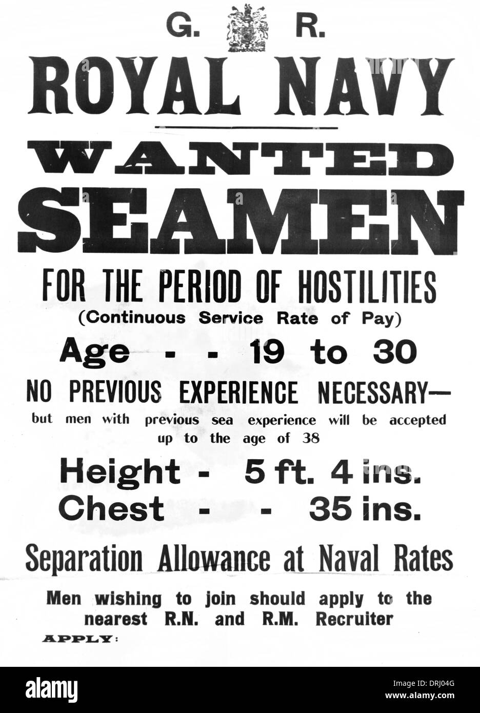 British Royal Navy recruitment poster, WW1 Stock Photo