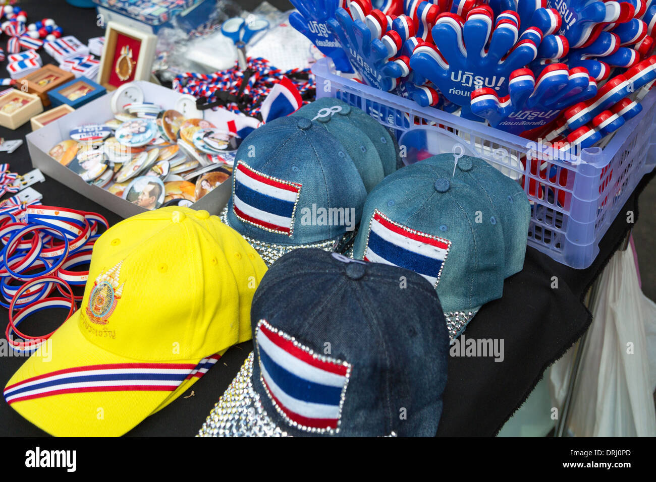 Market stall at political demonstration, Bangkok, Thailand Stock Photo