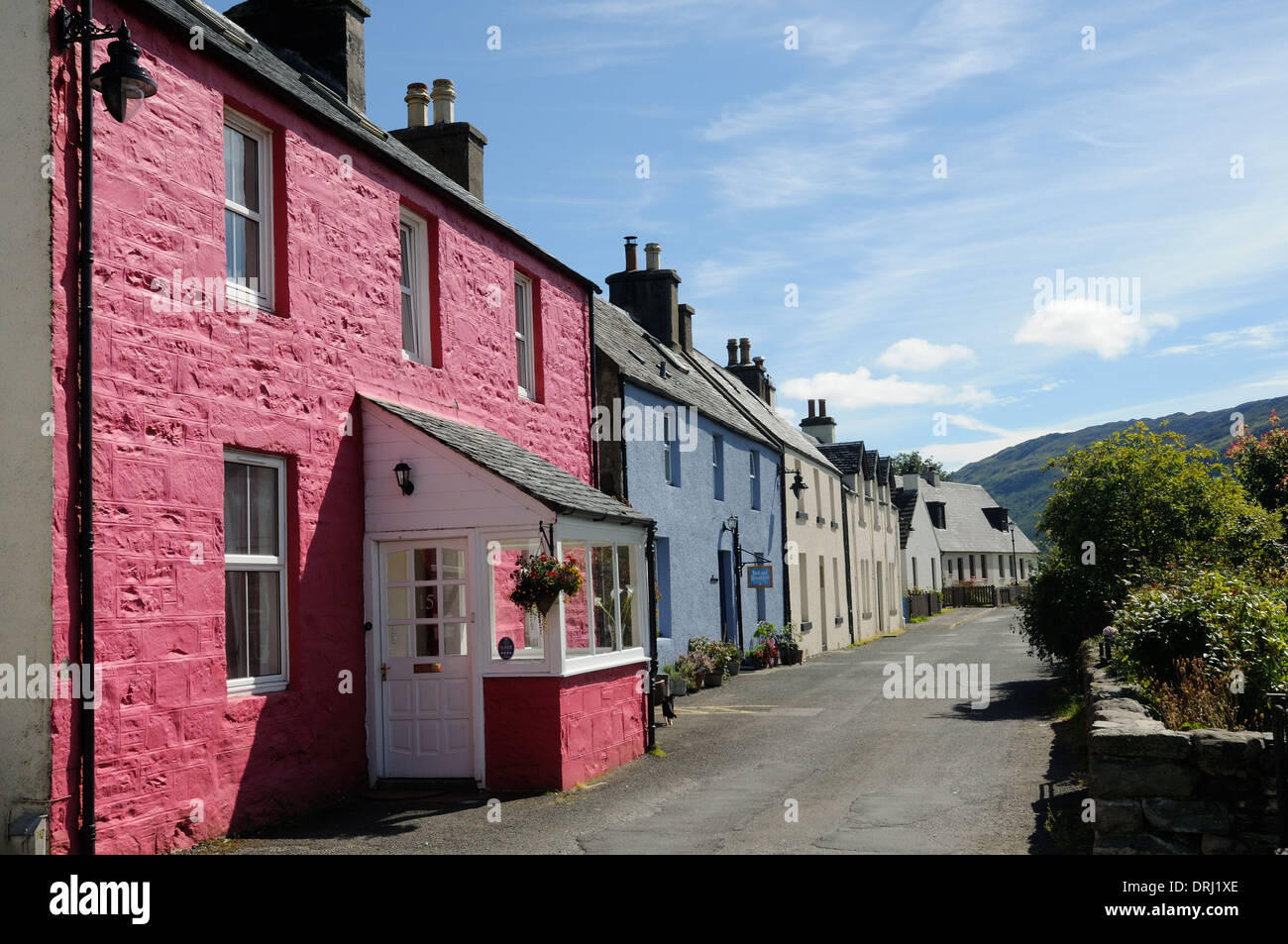 Row of painted cottages, Dornie, Ross and Cromarty, Scotland Stock Photo
