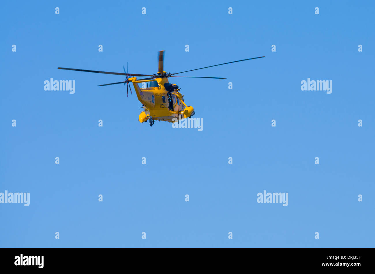 Westland Sea King WS-61 HAR3A RAF Search and Rescue Helicopter in flight against a blue sky. Stock Photo