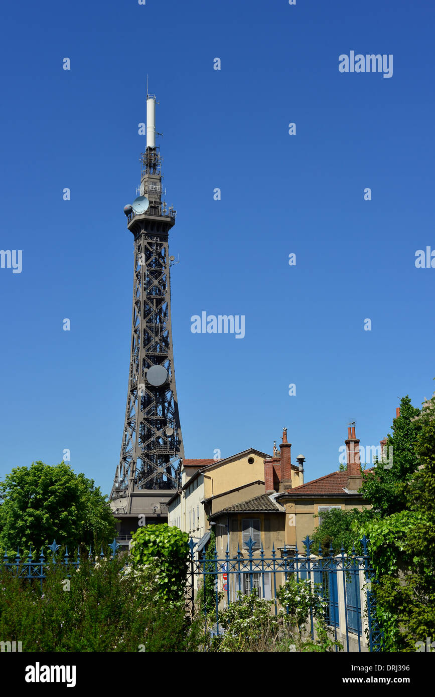 Television transmitter on intricate cast-iron tower in Lyon, France Stock Photo