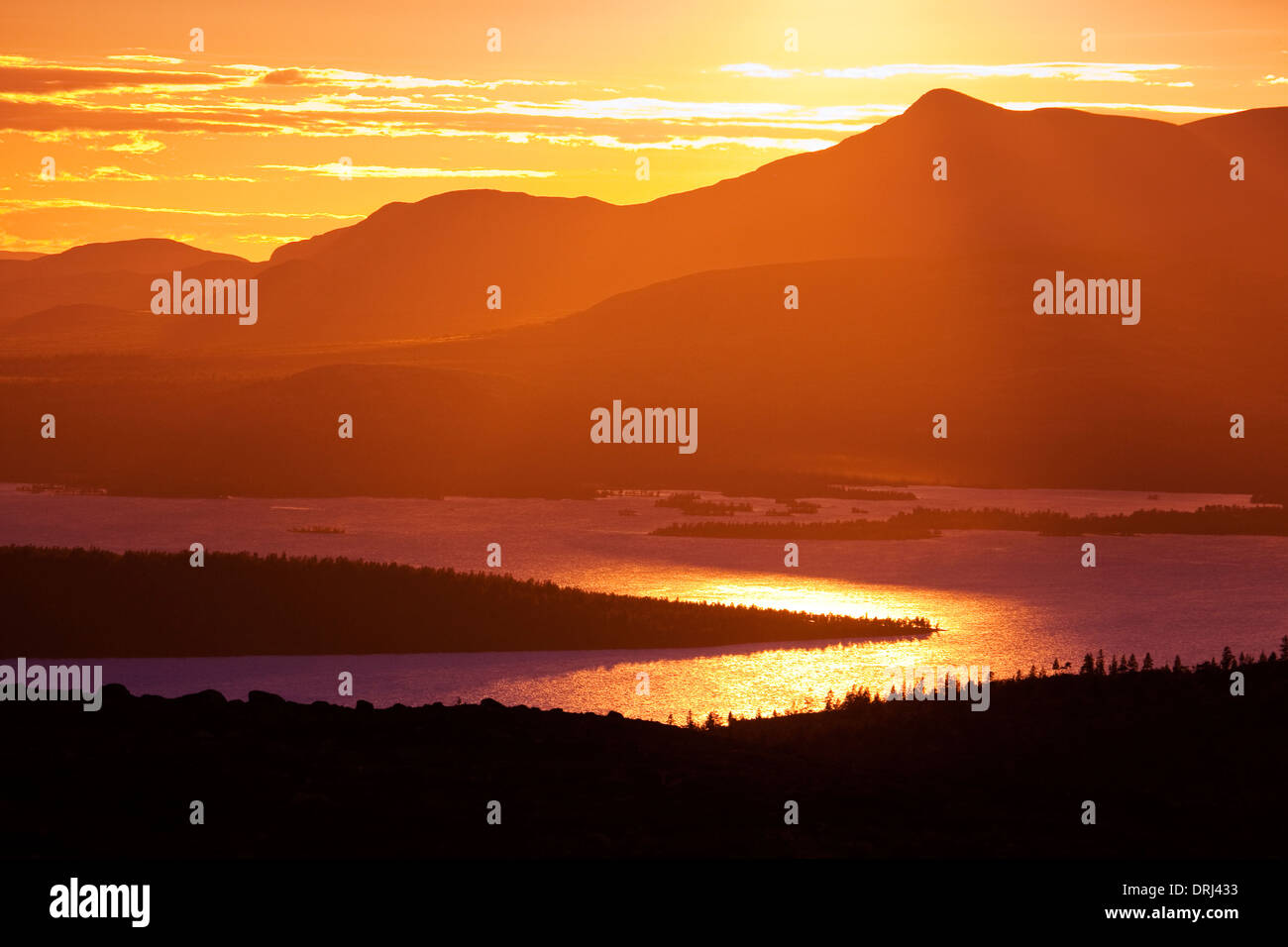 Sunset over lake Femunden,Norway Stock Photo