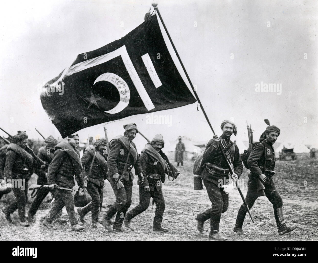 Turkish troops with flag, WW1 Stock Photo