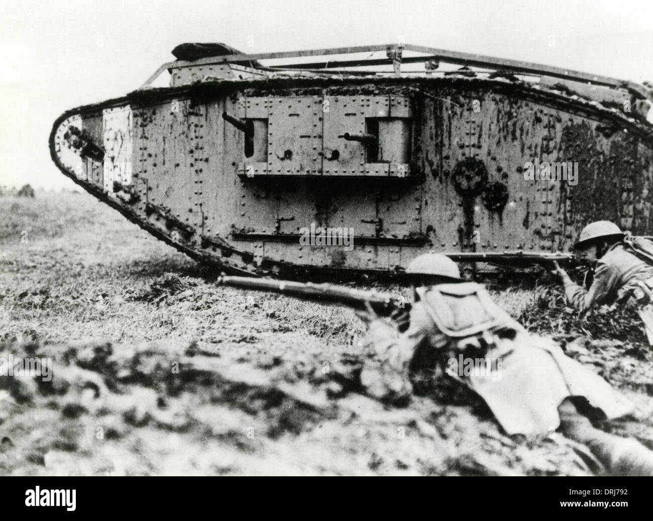American troops training with British tanks, France, WW1 Stock Photo