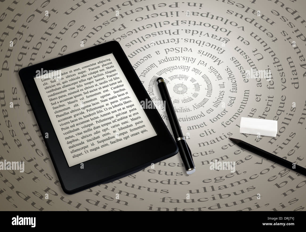 modern ebook reader on book on abstract font background Stock Photo Alamy