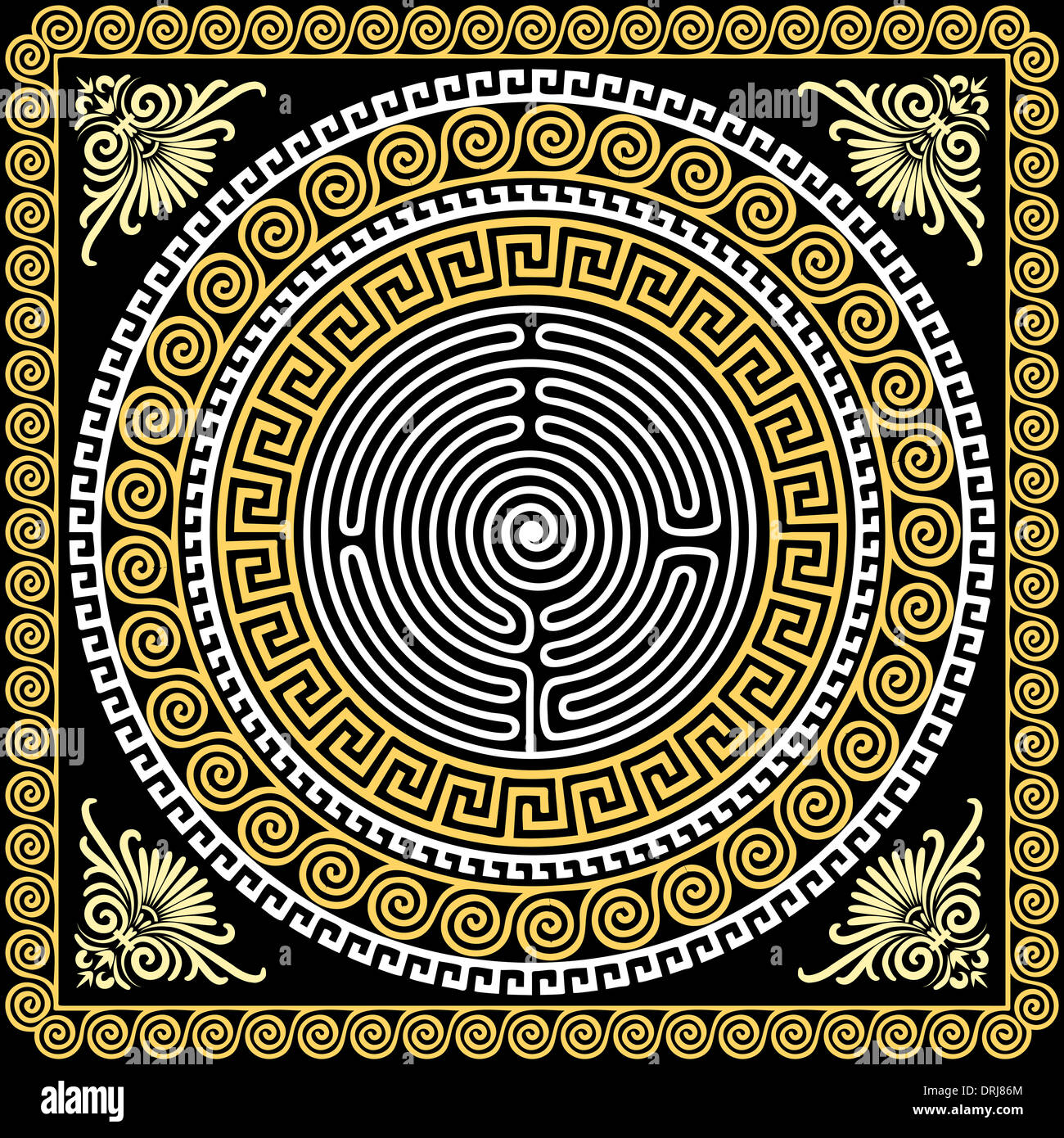 set Traditional vintage golden square and round Greek ornament (Meander ...