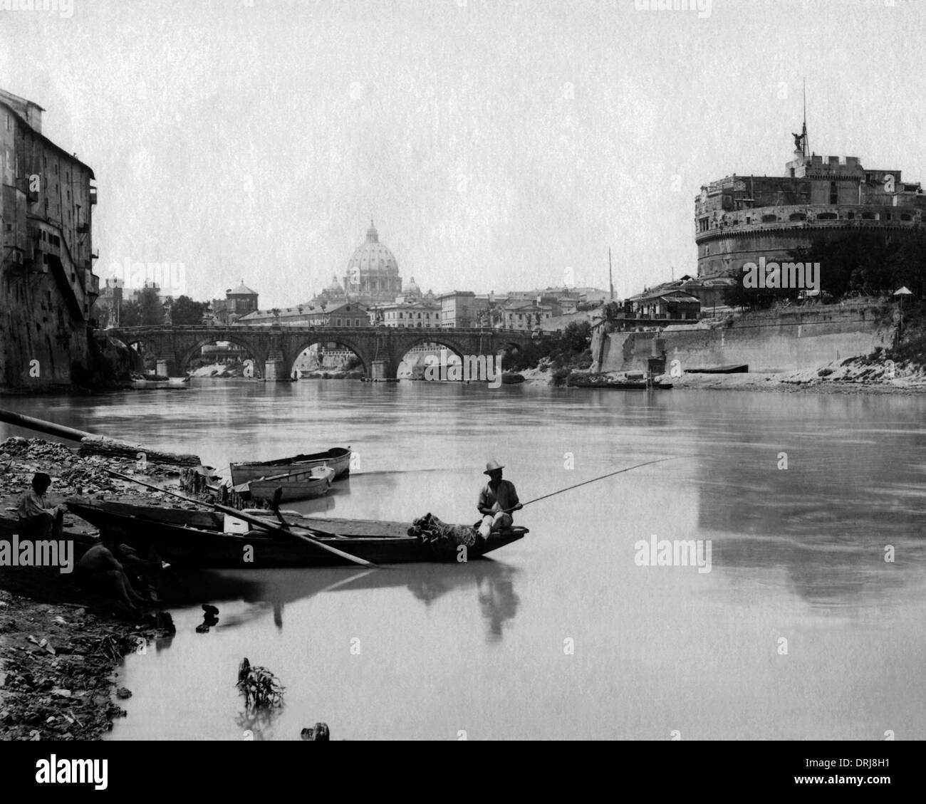 Fishermen on the River Tiber, Rome, Italy Stock Photo